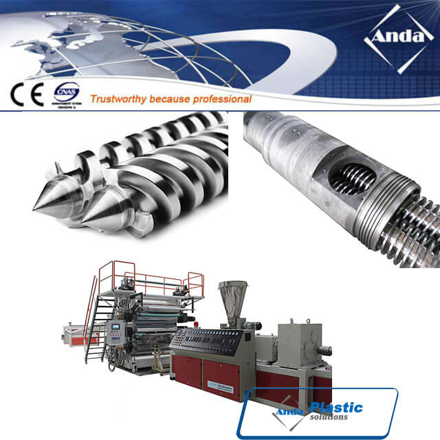 Conical double screw and barrel for PVC marble machine
